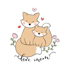 Draw mom fox and baby with little heart on white For mother'day.