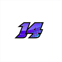 Vector Racing number 14, start racing number, sport race number with purple blue color and halftone dots style isolated on white background
