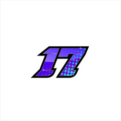 Vector Racing number 17, start racing number, sport race number with purple blue color and halftone dots style isolated on white background