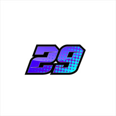 Vector Racing number 29, start racing number, sport race number with purple blue color and halftone dots style isolated on white background