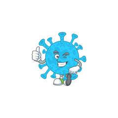 Mascot design style of coronavirus backteria showing Thumbs up finger