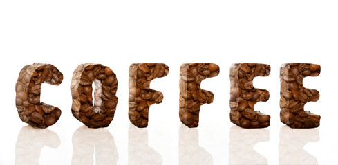 Word coffee. Three-dimensional letters from roasted beans on a white background