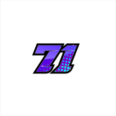 Vector Racing number 71, start racing number, sport race number with purple blue color and halftone dots style isolated on white background