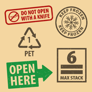 Set of fragile sticker Keep Frozen icon packaging symbols sign, Max Stack, Open Here rubber stamp on cardboard background, vector illustration. Use on package. EPS10.