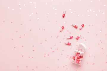 Jar of sleeping pills on color background