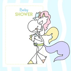 Cute baby shower cartoon with beautiful unicorn. Label for children with funny unicorns. Vector illustration.	