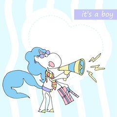 Cute baby shower cartoon with beautiful unicorn. Label for children with funny unicorns. Vector illustration. It's a boy	