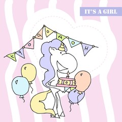 Cute baby shower cartoon with beautiful unicorn. Label for children with funny unicorns. Vector illustration. It's a girl.