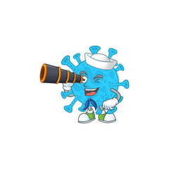 Fototapeta na wymiar Coronavirus backteria in Sailor cartoon character style using a binocular