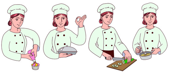Smiling Chef in uniform and cap at work, holding silver tray, baker decorating a cake, cook holding a knife and cutting on a chopping board. Set of vector illustration on a white background