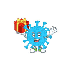 Charming coronavirus backteria mascot design has a red box of gift