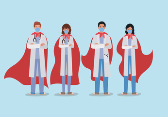 women and men doctors heroes with cape against 2019 ncov virus vector design