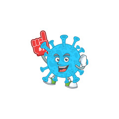 Cartoon character concept of chocolate cream pancake holding red foam finger