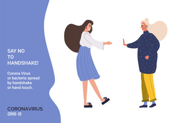 Say No to Handshake! Young people do not handshake with each other. Precautions and prevention of coronavirus disease. Flat cartoon colorful vector illustration.