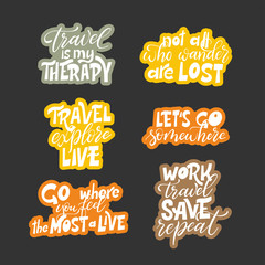 Set of motivational typography posters. Travel quote design. Written slogan adventure lettering. Vector illustration