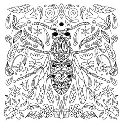 Antistress coloring page. Insect wasp. Isolated on white background. Doodle vector illustration