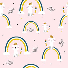 Funny magic cat with glitter crown and rainbow seamless pattern. Childish trendy print. Vector hand drawn illustration.