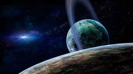 Space background. Planet with ring and large planet in blue colorful nebula. Elements furnished by NASA. 3D rendering © Space Creator