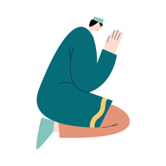 Muslim man in traditional clothing sitting on knees and praying vector illustration
