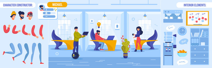 Coworker Character Constructor. Interior Element Set. Office Daily Work Routine. Man Working on Laptop Riding Monocycle, Woman Bringing Coffee, Guy Brainstorming at Workplace. Vector Illustration