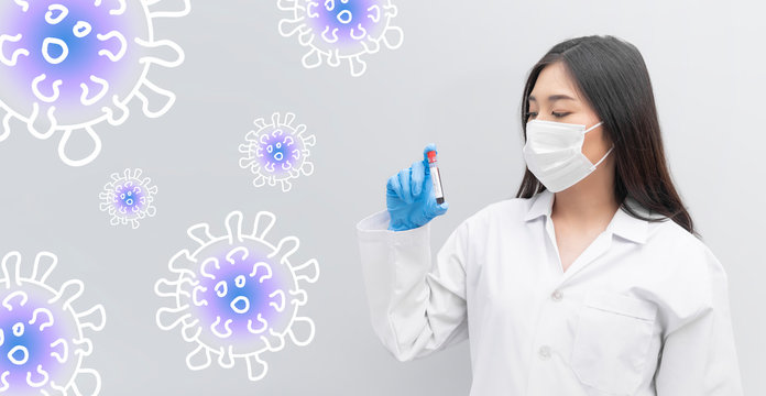 asian female doctor testing positive or negative of corona virus disease from human blood sample using test tube, protection against infection transmission, micro corona cell for vector background