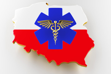 Naklejka premium Caduceus sign with snakes on a medical star. Map of Poland land border with flag. Poland map on white background. 3d rendering