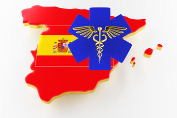 Caduceus sign with snakes on a medical star. Map of Spain land border with flag. Spain map on white background. 3d rendering