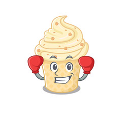 A sporty boxing athlete mascot design of vanilla ice cream with red boxing gloves