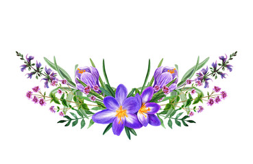 Obraz na płótnie Canvas Wild field violet flowers bouquet, hand drawn