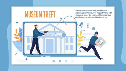 Landing Page Offering Qualified Museum Theft Protection. Detected Robber Security Alarm System Promotion. Digital Surveillance. Police Officer with Gun Detecting Burglar Stolen Picture Portrait