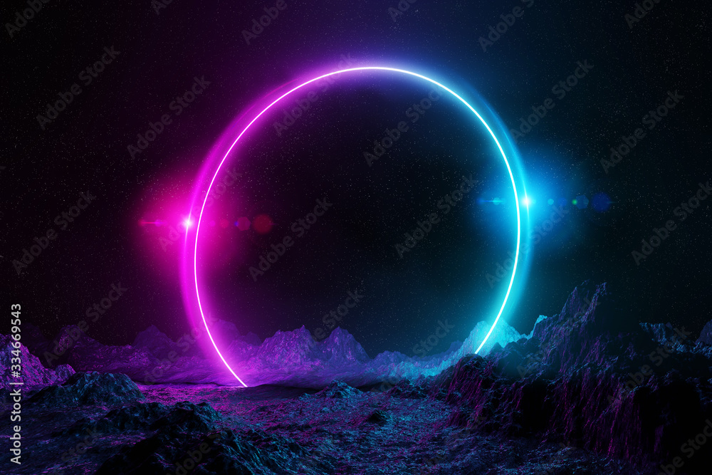 Aufkleber Abstract background with blue and pink neon light circle reflecting on asteroid ground 3D rendering