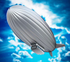 Silver zeppelin in the air. 3D illustration © Destina