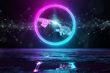 Obraz premium Robot hands illuminating the floor with blue and pink neon light 3D rendering