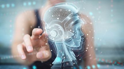 Woman using digital artificial intelligence holographic projection 3D rendering