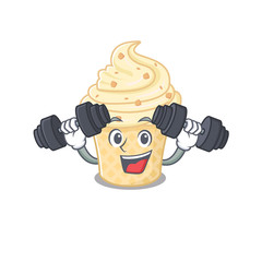 Mascot design of smiling Fitness exercise vanilla ice cream lift up barbells