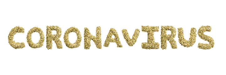 Inscription Coronavirus of the English alphabet   from pumpkin seeds on a white isolated background.Meal and medical  pattern.Sign from a photo of real seeds