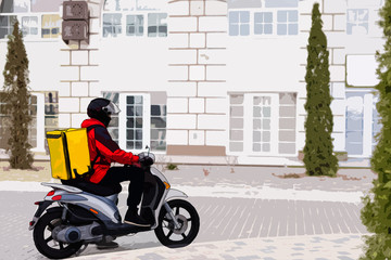 modern creative delivery concept illustration featuring delivery man rinding orange shipping scooter, isolated | Male character in helmet riding orange moped