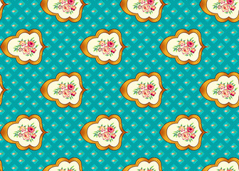 small shabby chic floral roses with geometric shapes and doted floral backround seamless pattern