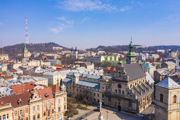 Obraz premium Aerial view on Bernardine church in Lviv from drone
