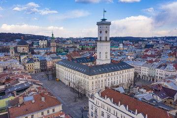 View on Lviv city hall from drone