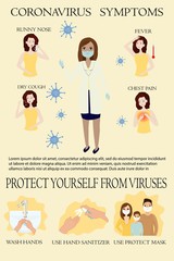 Coronavirus symptoms Prevention against Virus and Infection. Character has Fever, Cough and other Respiratory Illness Signs. Use Medical Mask and Tissue. Flat Vector Illustration. Poster, infographic