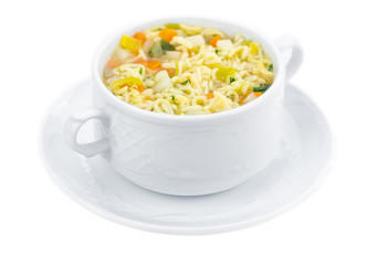 Alphabet Soup (selective focus) isolated on white background