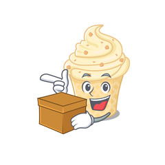 An picture of vanilla ice cream cartoon design concept holding a box