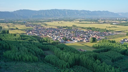 Aerial view of beautiful countryside, green woods and village in the morning sun