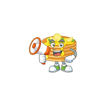 A picture of lemon cream pancake cartoon design style speaking on a megaphone