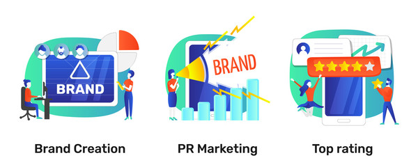 Business marketing illustration set. Brand creating, PR marketing, reputation. Bright colorful storytelling. Isolated illustration pack for your design, infographic, landing page, app designing and an
