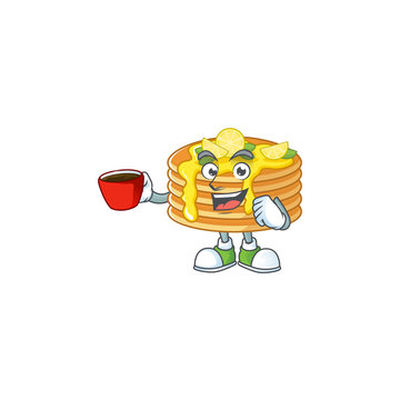 An image cartoon character of lemon cream pancake with a cup of coffee