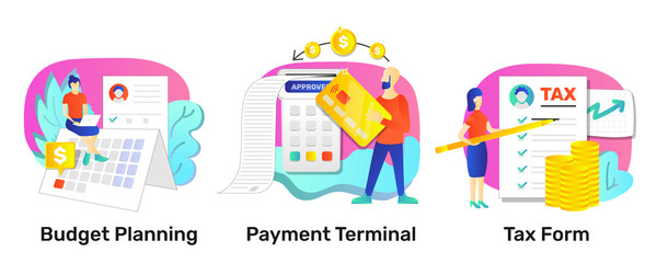 Payments and finance illustration set. Payment terminal, budget planning, tax form. Bright colorful storytelling. Isolated illustration pack for your design, infographic, landing page, app designing a