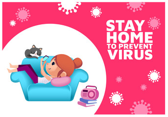 Vector cute girl character relaxing on sofa with the word -Stay Home to Prevent Virus- and many virus symbol graphic
