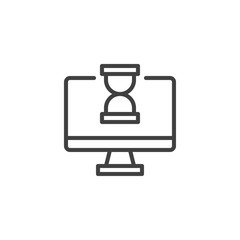 Computer monitor with hourglass line icon. linear style sign for mobile concept and web design. SEO outline vector icon. Loading time Symbol, logo illustration. Vector graphics